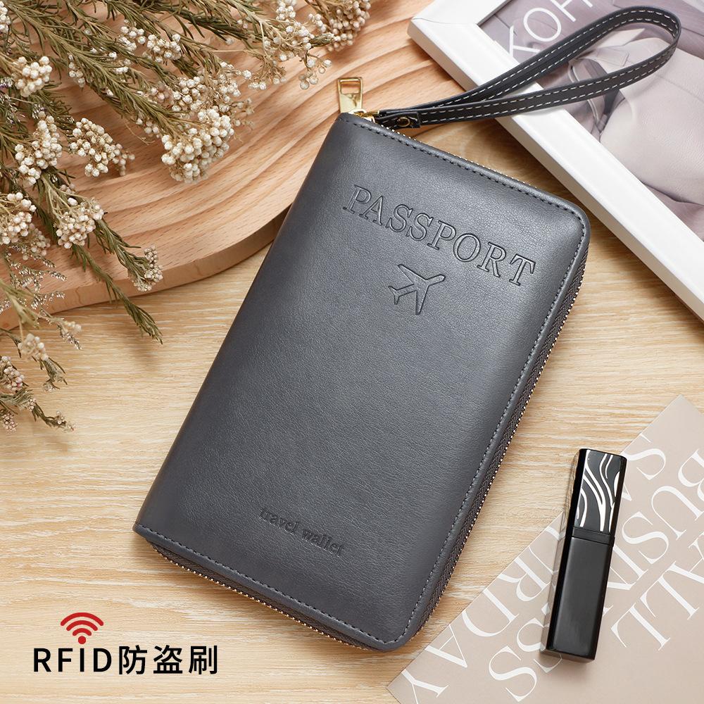 Men Women RFID Blocking Leather Passport Holder Travel Wallet Zip Around Passport Cover Document Organizer with Card Slots Wrist Strap