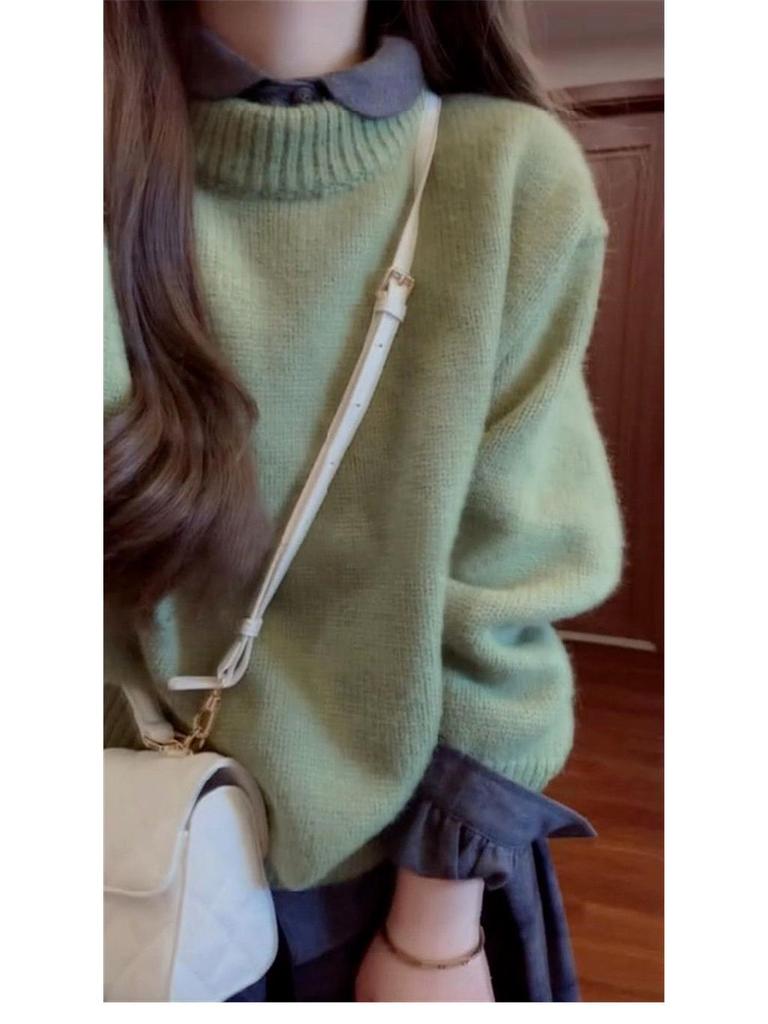 Luxury Petite French Knitted Green Sweater Dress for Women - Autumn/Winter 2024