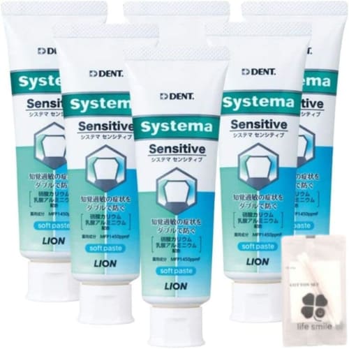 Set of 6 Lion Systema Sensitive Soft Toothpaste, 85g, Fluoride 1450ppm, Dental Product [Includes Life Smile Original Cotton Pad Set]