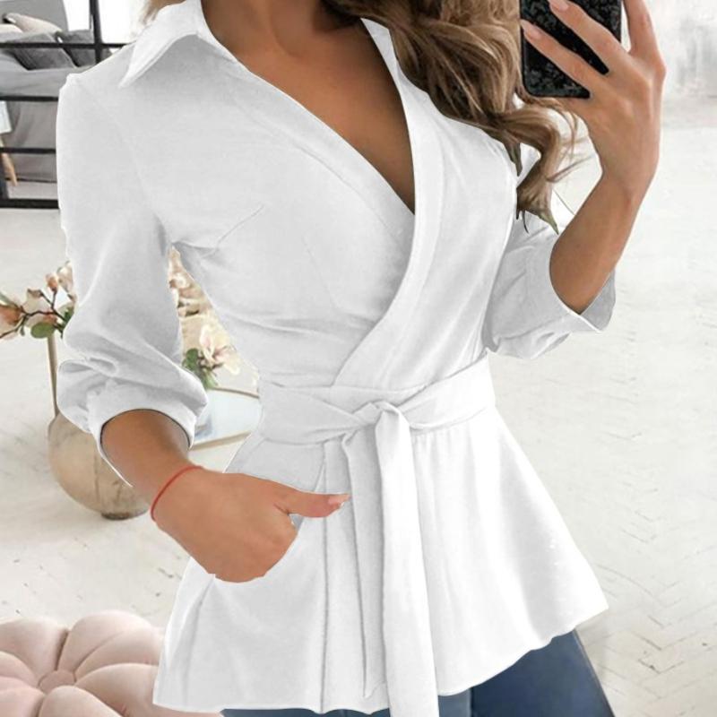 Women's Autumn Printed Long Sleeve V-Neck Belted Shirt