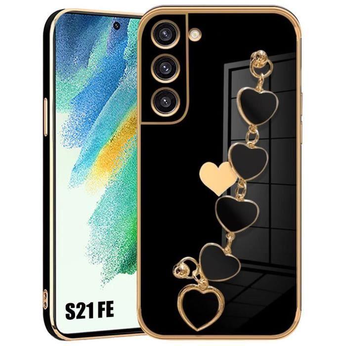 Coque pour Samsung Galaxy S21 FE, Silicone Noir Motif Cœur Souple TPU Antichoc Anti-Rayure avec Bracelet (pas pour S21)