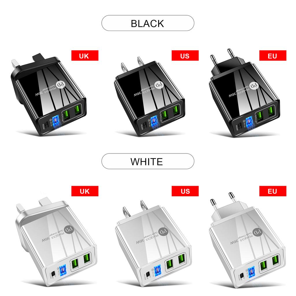36W PD Quick C-harger F-ast Chargring Adapter with 3 USB Chargeing Port Travel C-hargers Portable