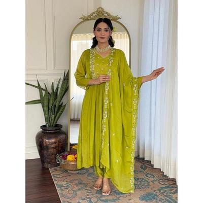 Women's Chinon Embroidered Flared Kurta with Pant and Dupatta Sets