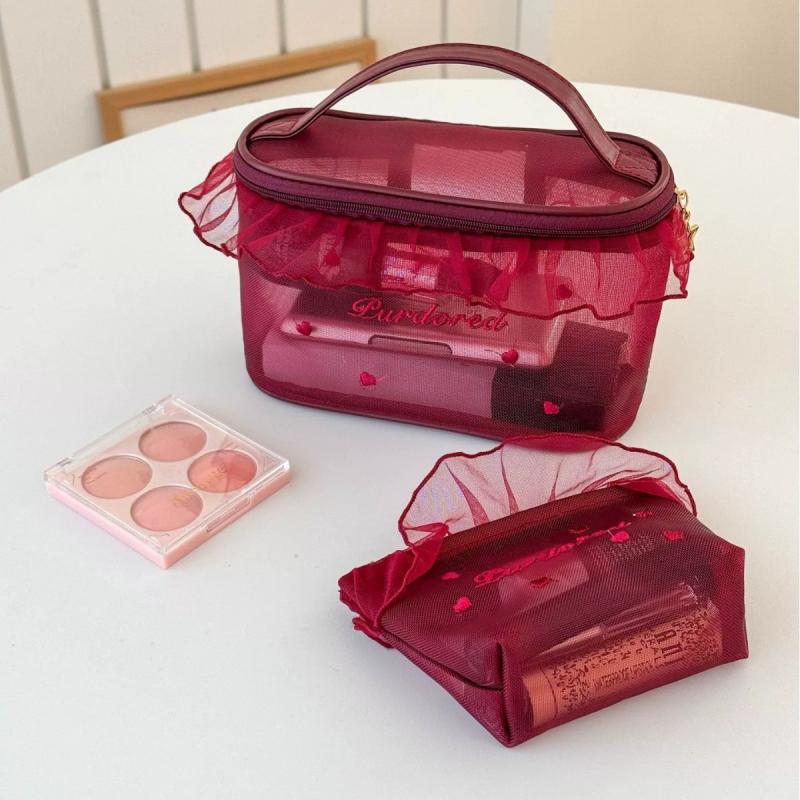 1Pc Purified Red Mesh Makeup Bag With Ruffle Detail Love Embroidery Cute Portable Cosmetic Organizer For Girls Toiletry Pouch