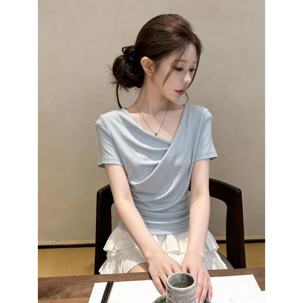 Light and mature style Irregular short-sleeved women's summer temperament Swinging collar bottoming top Waist pleated Spice girl style T-shirt inside