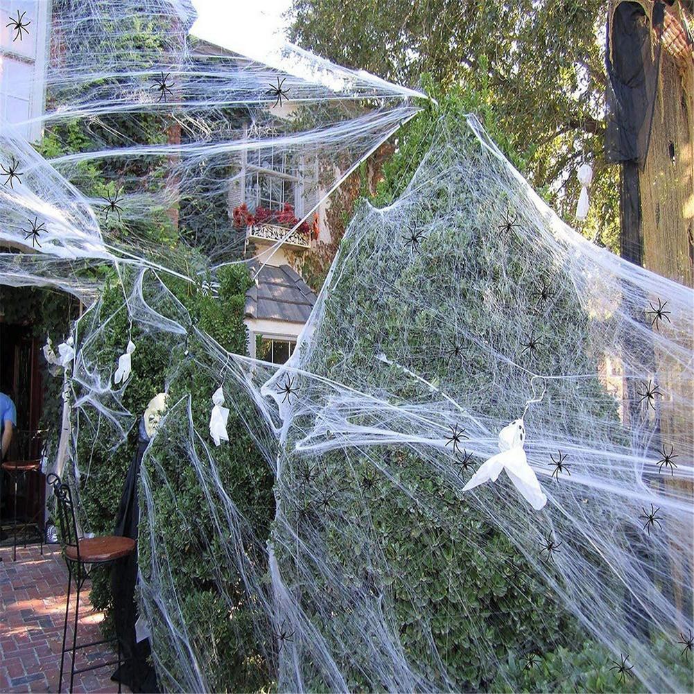 Spiderweb with Spiders, Artificial, White, Halloween Decorations, 22g, Spiders 2 Pcs