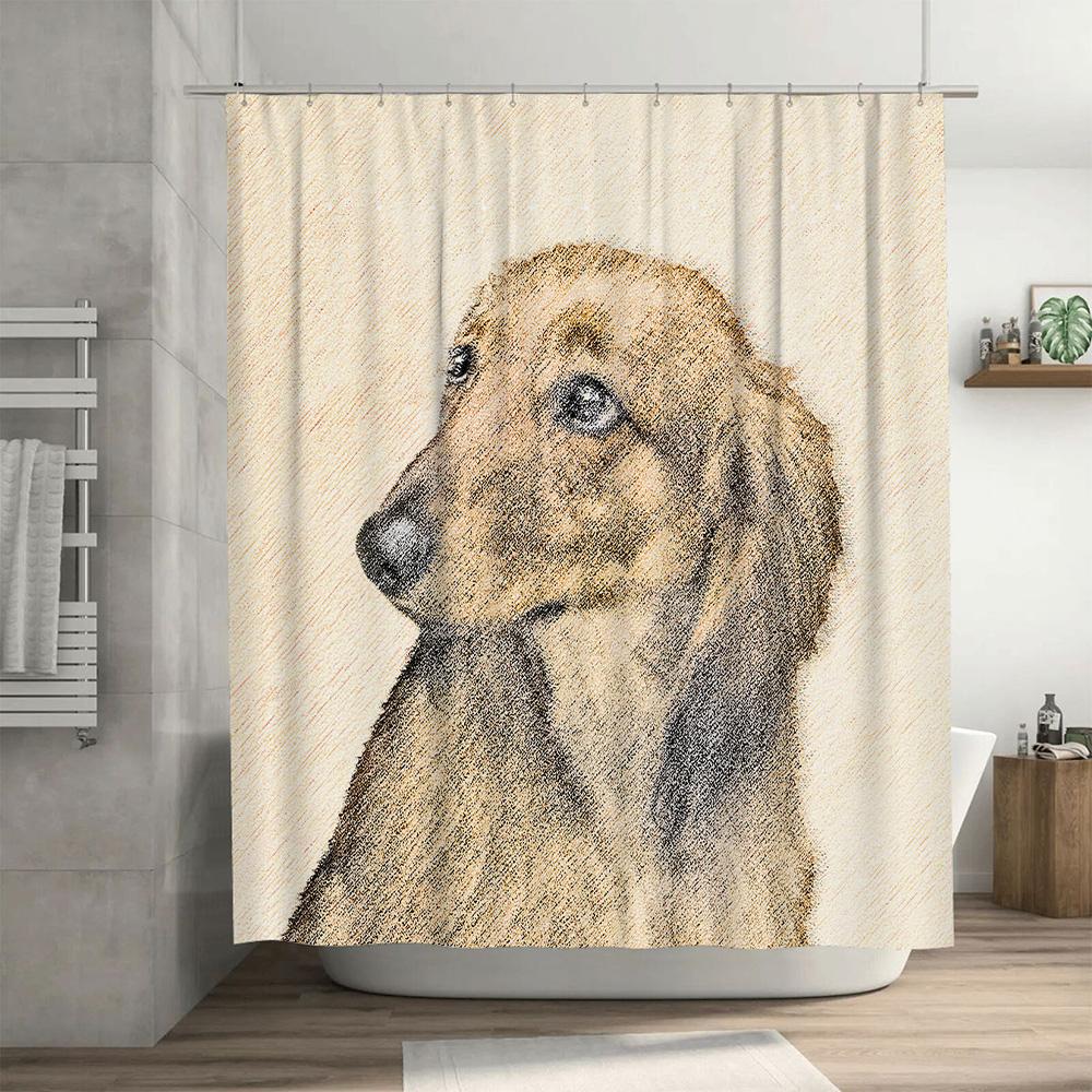 Luxury Bathroom Decor: Dog Print Shower Curtain Set for Pet Lovers 180x180cm Polyester Fabric with Rod Pocket Metal Hook Rings