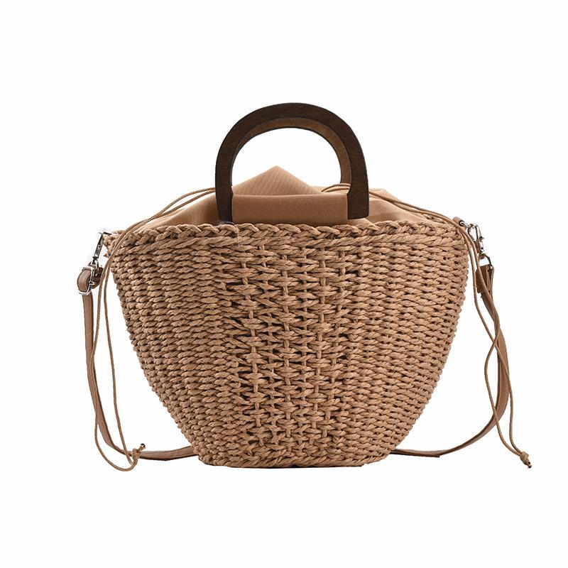 

Пляжна сумка Yogodlns Summer Straw Bucket великої місткості Сумка через плече з ротанга ручної роботи 17*12*21cm хакі