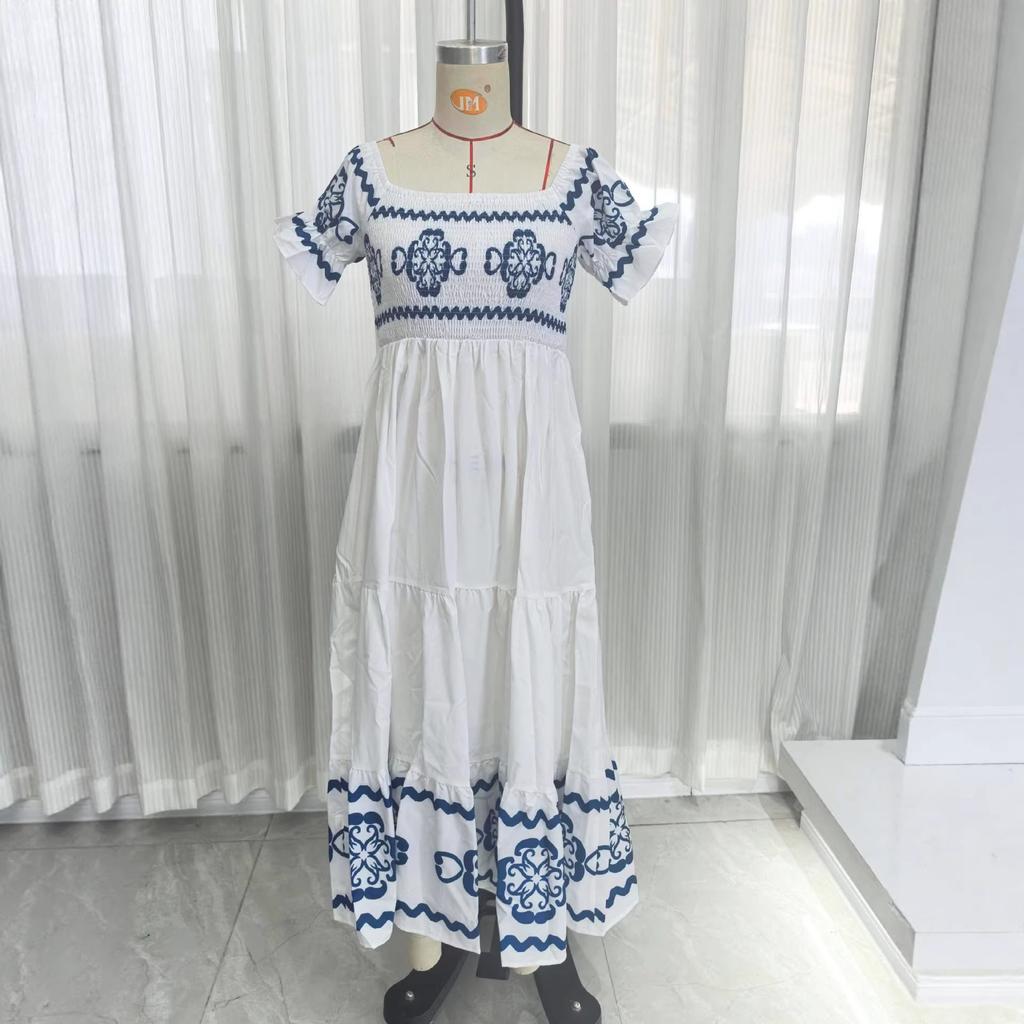 Abbigliamento da donna europeo e americano estate nuova moda stampa spalla a un pezzo manica corta due modi di indossare vestito lungo Vestito midi