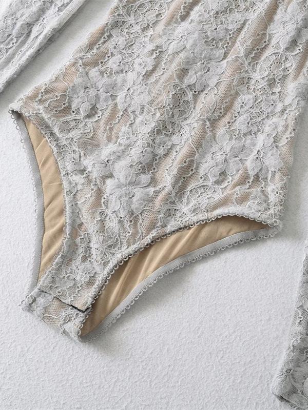 Women's Slim-Fit U-Neck Lace Crochet Mesh Bodysuit
