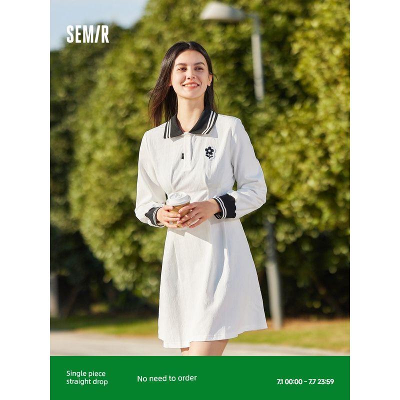 

Senma Dress Women s Polo Collar Contrast Color Preppy Style 2023 Spring New Arrival Embroider Texture Skirt Artsy Gentle This White 10102 165/88A/L