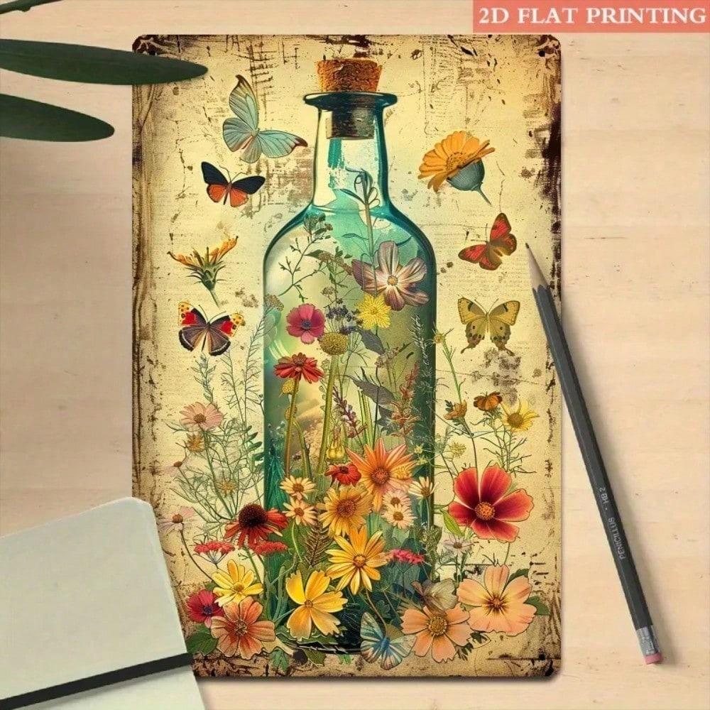 Vintage Metal Poster Butterfly Flowers Wall Art 8x12 Inch