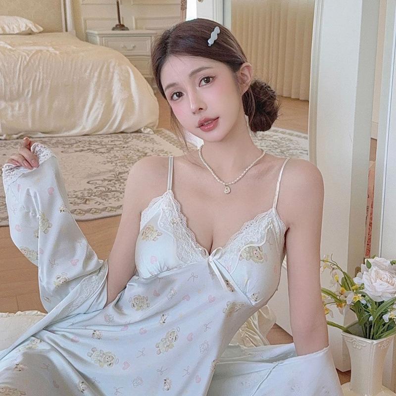 Sexy lace backless suspender pajamas spring and summer ice silk thin loungewear with chest pad plus size pajamas women