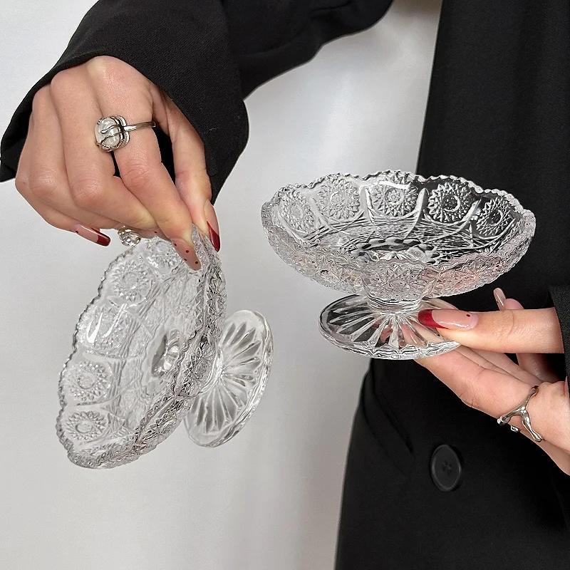 Small Embossed Glass Fruit Bowl Crystal Clear Pedestal Serving Dish for Dessert Snacks Elegant Storage Tray Compact Table Decor
