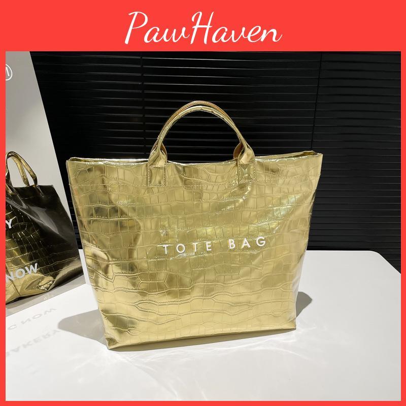 Solid Color Letter Printed Crocodile Texture Women Large Capacity Tote Bag