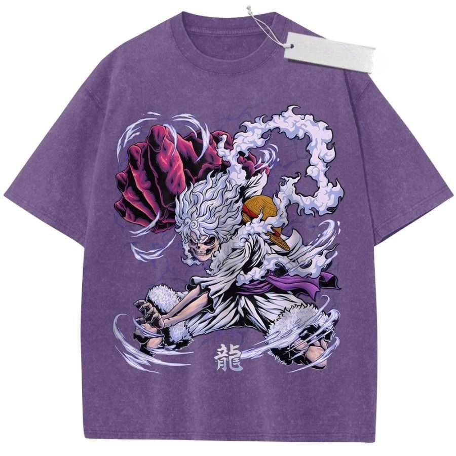 Unisex Washed Purple Vintage Tshirt One Piece Kaido Human Dragon Dragon Kanji Highquality Fabric for Home Leisure Travel