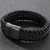 12MM Black Genuine Leather Wrap Bracelet for Men Braided Cowhide & Stainless Steel Mens Bracelets with Magnet Clasp Engraveable