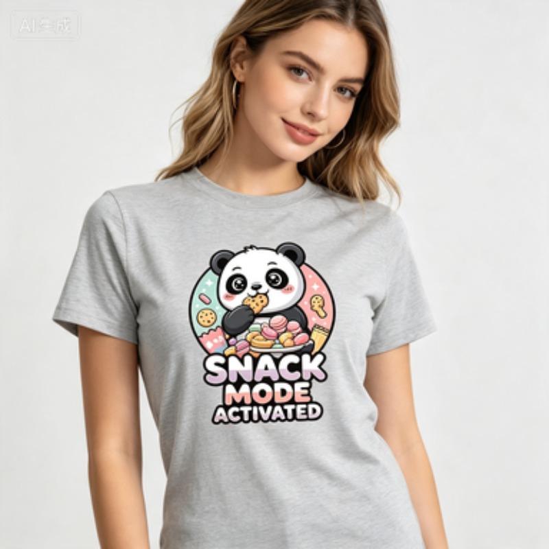 Kawaii Panda Unisex Cotton T Shirt Snack Mode Activated Cookie Dessert Graphic Foodie Lover Casual Crew Neck Tops