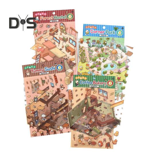 

4 шт. наклейки для декоративных сцен своими руками, набор 3D-наклеек для миниатюрных домов, многоразовые, простые в использовании наклейки для декоративных сцен для проектов своими руками в книжном магазине B