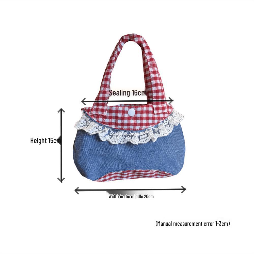 Korean Artistic Retro Plaid Handbag with Lace Trim In Red & Blue