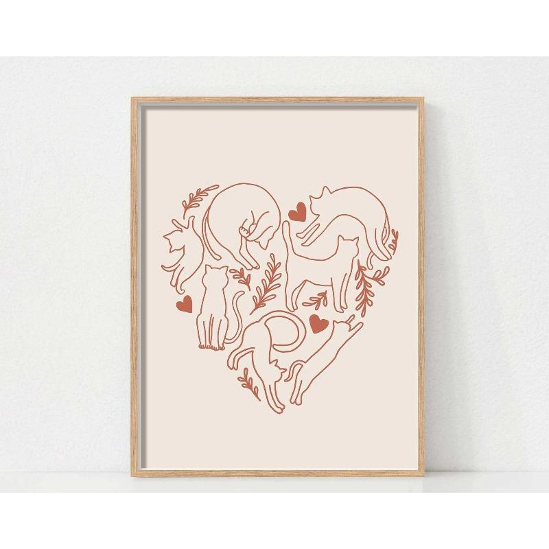 Cute Cat Print Poster Simple Cat Lines Love Sunflower Cat Wrestling Cat Cat Lover Gift Home Bedroom Living Room Office Decor