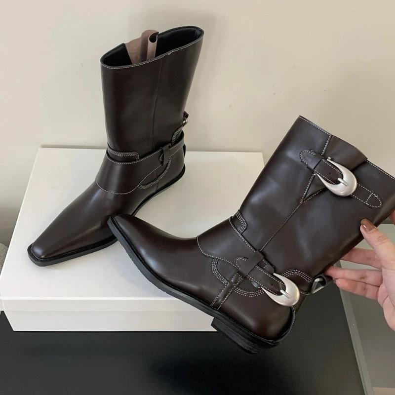 High Quality Brand New Punk Buckle Belt Black Cowboy Boots Square-heeled Pointy Toe Vintage Brown Motorcycles Boots Women Shoes