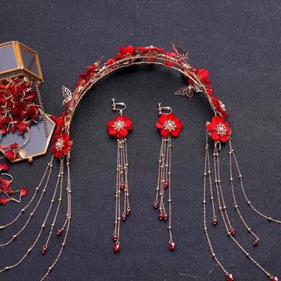 Chinese Traditional Red Color Flower Headdress Hair Accessories Handmade Long Tassel Headband Earrings Jewelry Sets