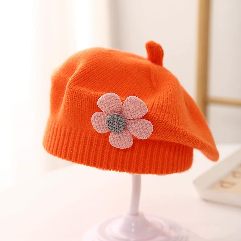 Λουλούδι Baby Beret Καπέλο Χειμερινό Ζεστό πλεκτό καπέλο Beanie για βρέφη κοριτσάκια Κορεάτικη Πριγκίπισσα νηπίων Καλλιτέχνης Μονόχρωμα καπέλα ζωγραφικής