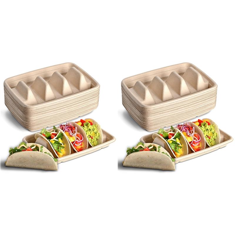 

HHO-48PCS Disposable Taco Holders For Party, Paper Taco Plates With Dividers, Fiesta Taco Tray Holder