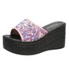 2025 summer fashion outer slippers foreign trade muffin thick bottom large size sequins fish mouth wedge women's one-word slippers
