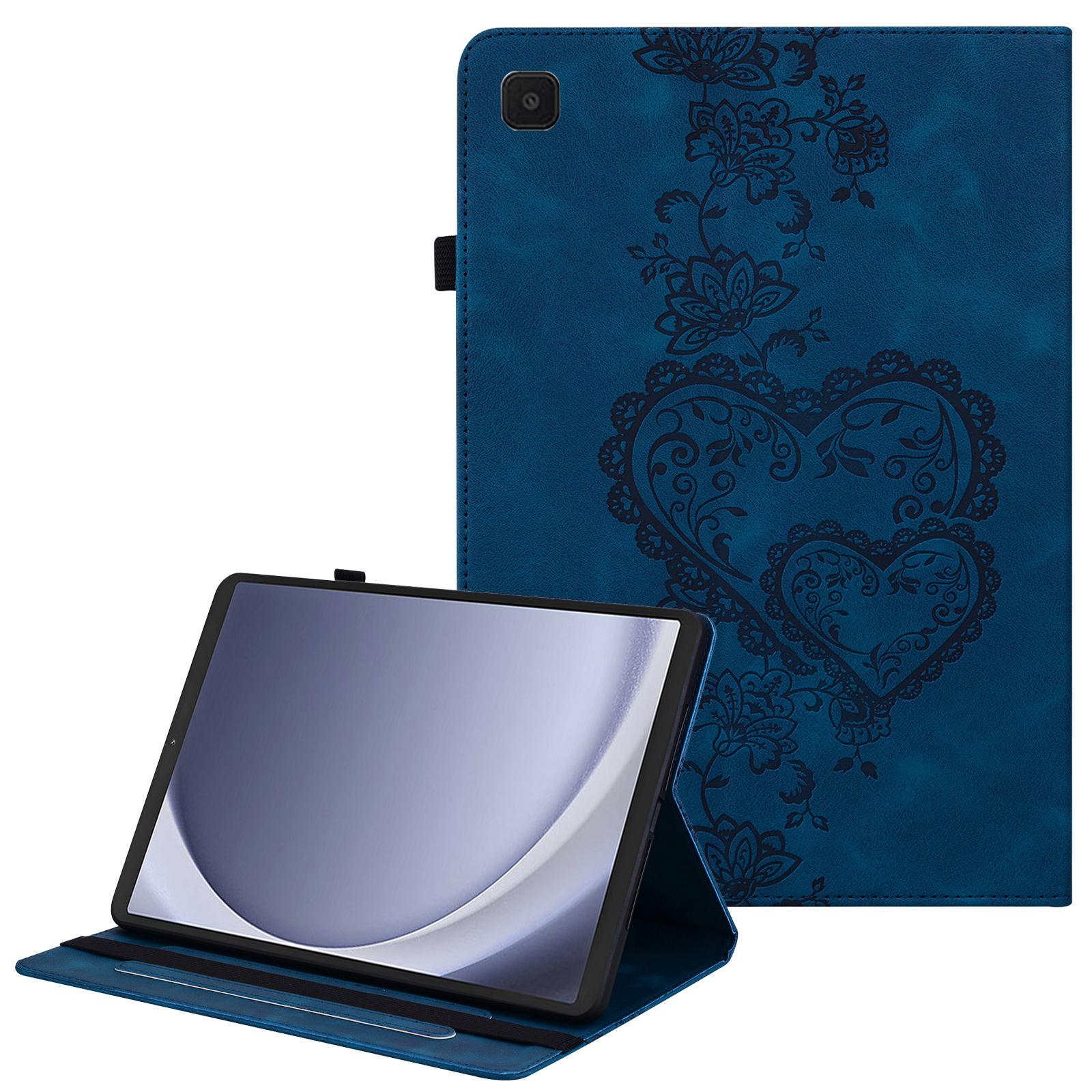 

Для Samsung Galaxy Tab A9 Шкіряний чохол з тисненням серця, складана підставка, слот для карт, тримач для стилуса, чохол для планшета Blue