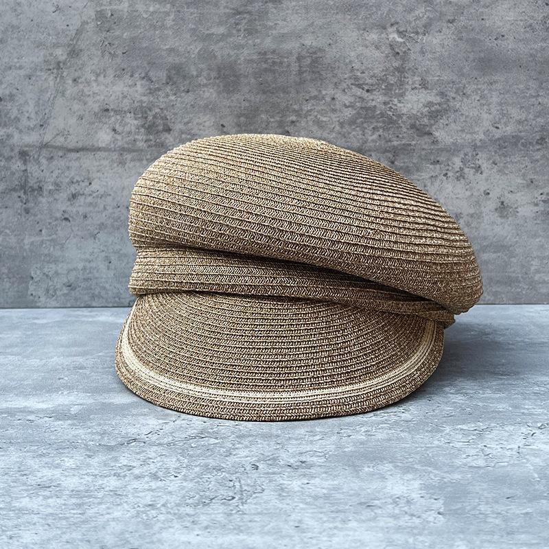

Summer Contrast Striped Wide Brim Sun Hat Irregular Personality Beret Straw Hat Newsgirl Hat M（56-58cm）