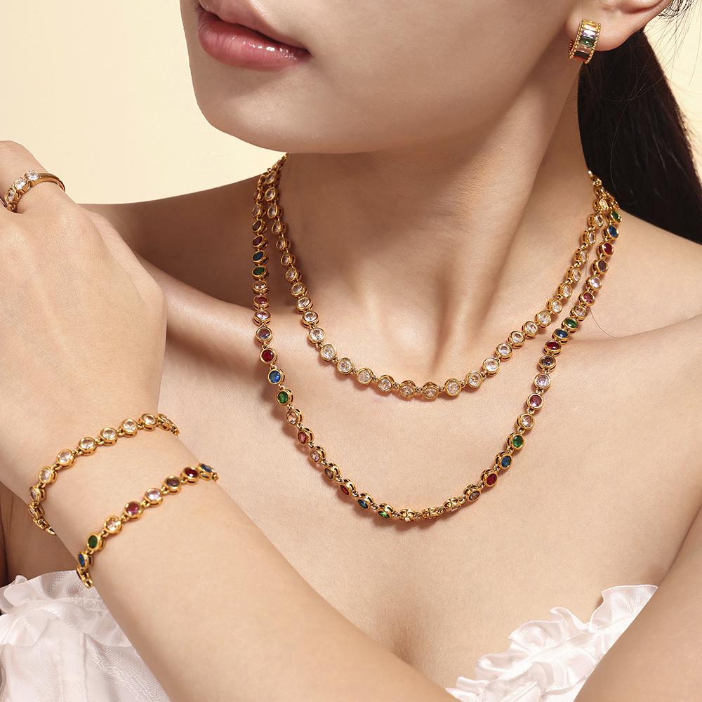 Bohemian Zircon Jewelry Set: Colorful Beads, Round Necklace & Bracelet, Titanium Steel with PVD Plated 18K Gold.