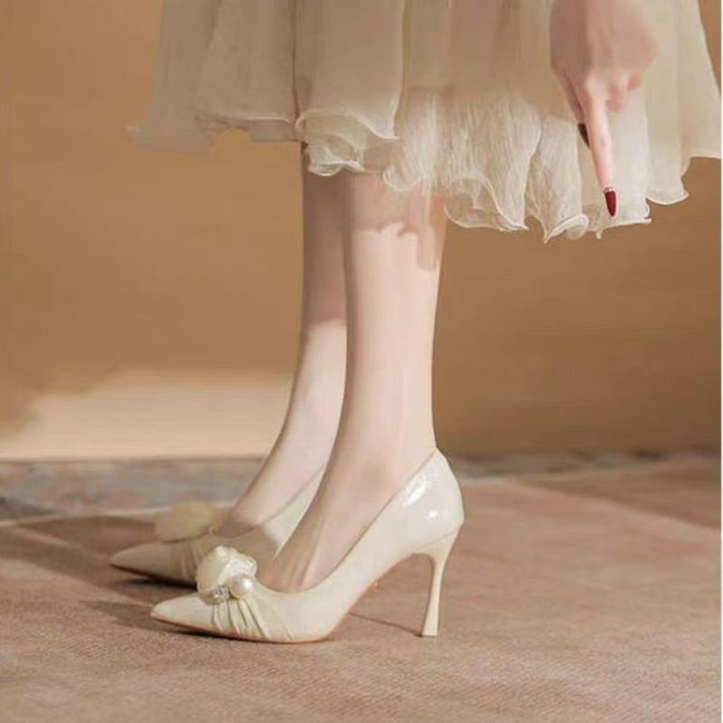 Fashion New Autumn Style Slip-on Stiletto Heels with Pointed Toe and Shallow Mouth, Pearl Flower, Non-slip and Wear-resistant High Heels