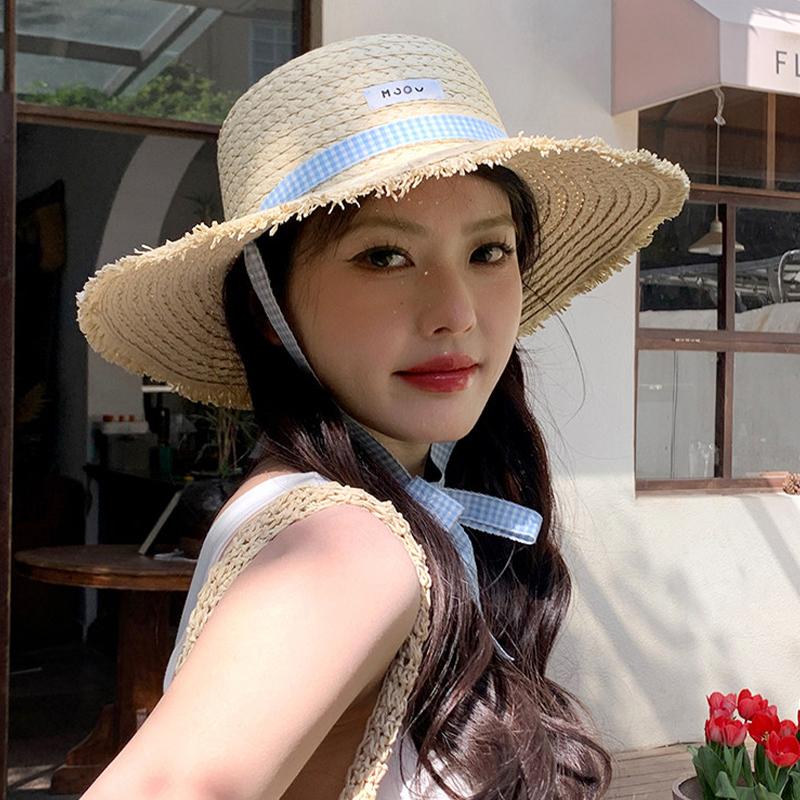 Women'S Wide-Brimmed Straw Hat Beach Sun Hat New Fashionable Sun Protection Floral Lace Bow Breathable Summer Hat