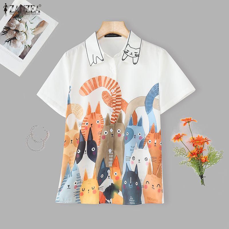 ZANZEA Women Casual Turn Down Collar Short Sleeve Loose Print Blouse
