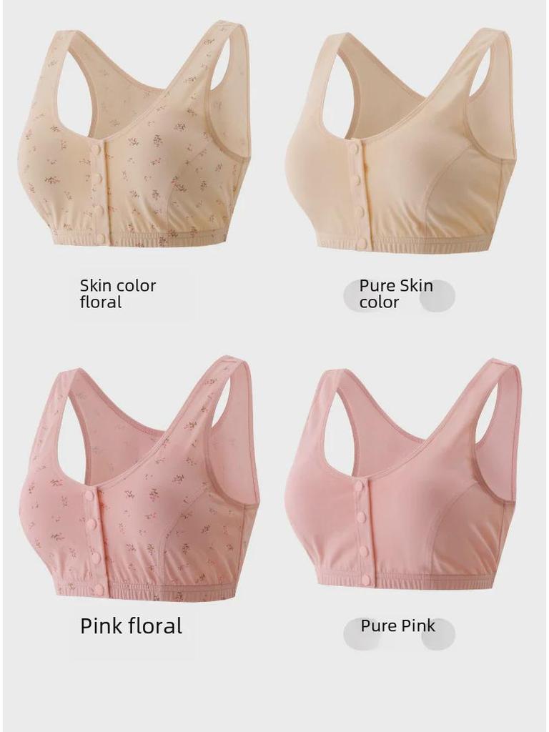 Sutiã de Algodão Puro Estilo Pastoral Zhangyan: Copo Grande, Fivela Frontal, Costas Largas, Confortável e Respirável para Mulheres de Meia-Idade e Idosas.