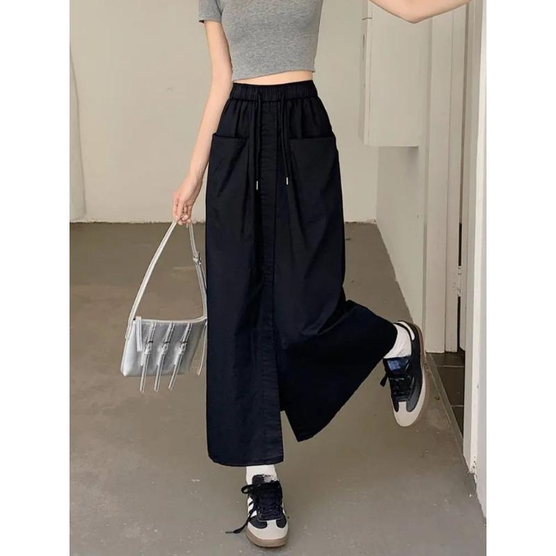 

Юбка Sense с двойным карманом, женская летняя свободная юбка большого размера с разрезом и трапециевидной формы one size чёрный