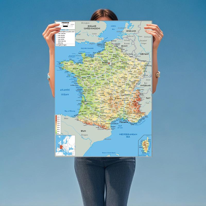 English-France Map-Geographic Map,Art Poster for Home,Classroom,Indoor/Outdoor,Educational Poster,Travel Tool,Unframed