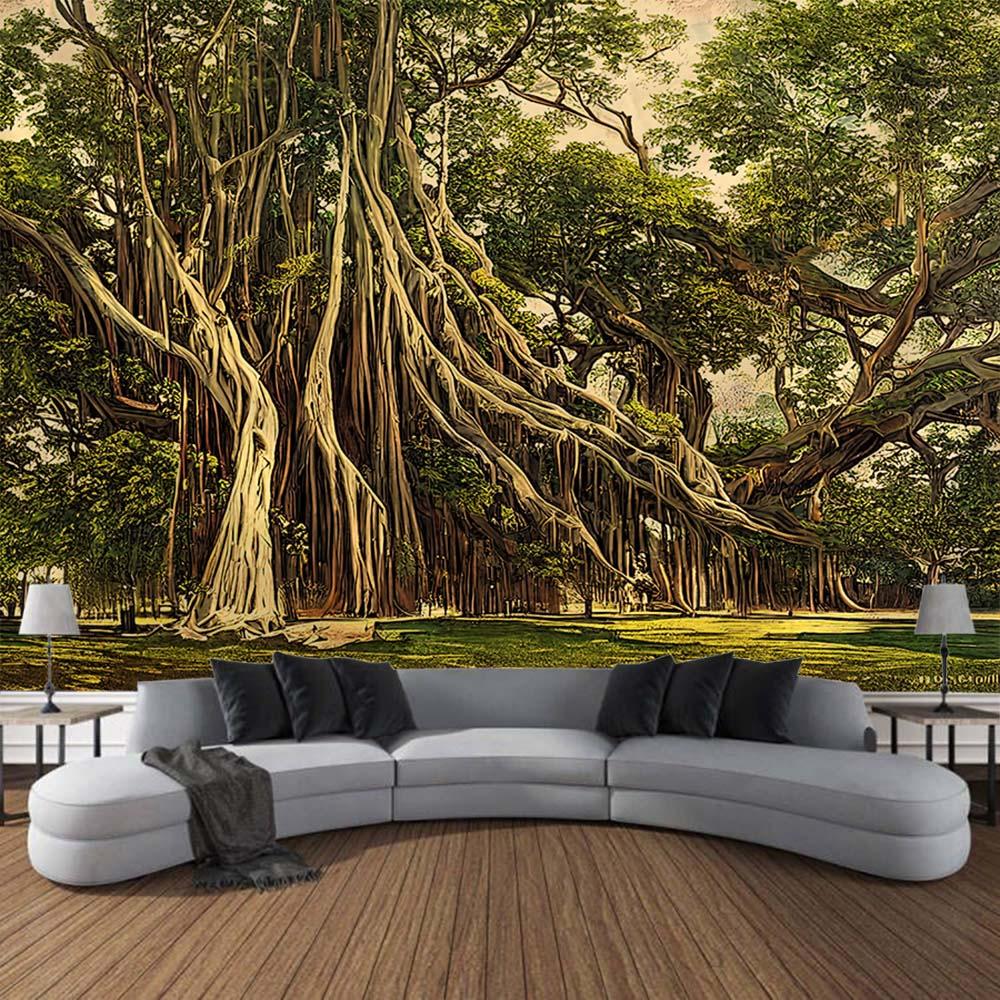Ancient tree landscape tapestry, retro oil painting wall hanging, Bohemian home art decoration, living room and bedroom tapestry