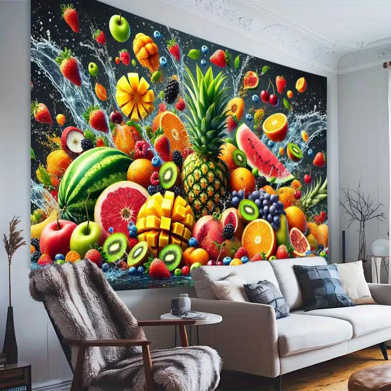 Tropical Fruits Water Splash Tapestry, Pineapple Watermelon Background Cloth, Kitchen Wall Decor