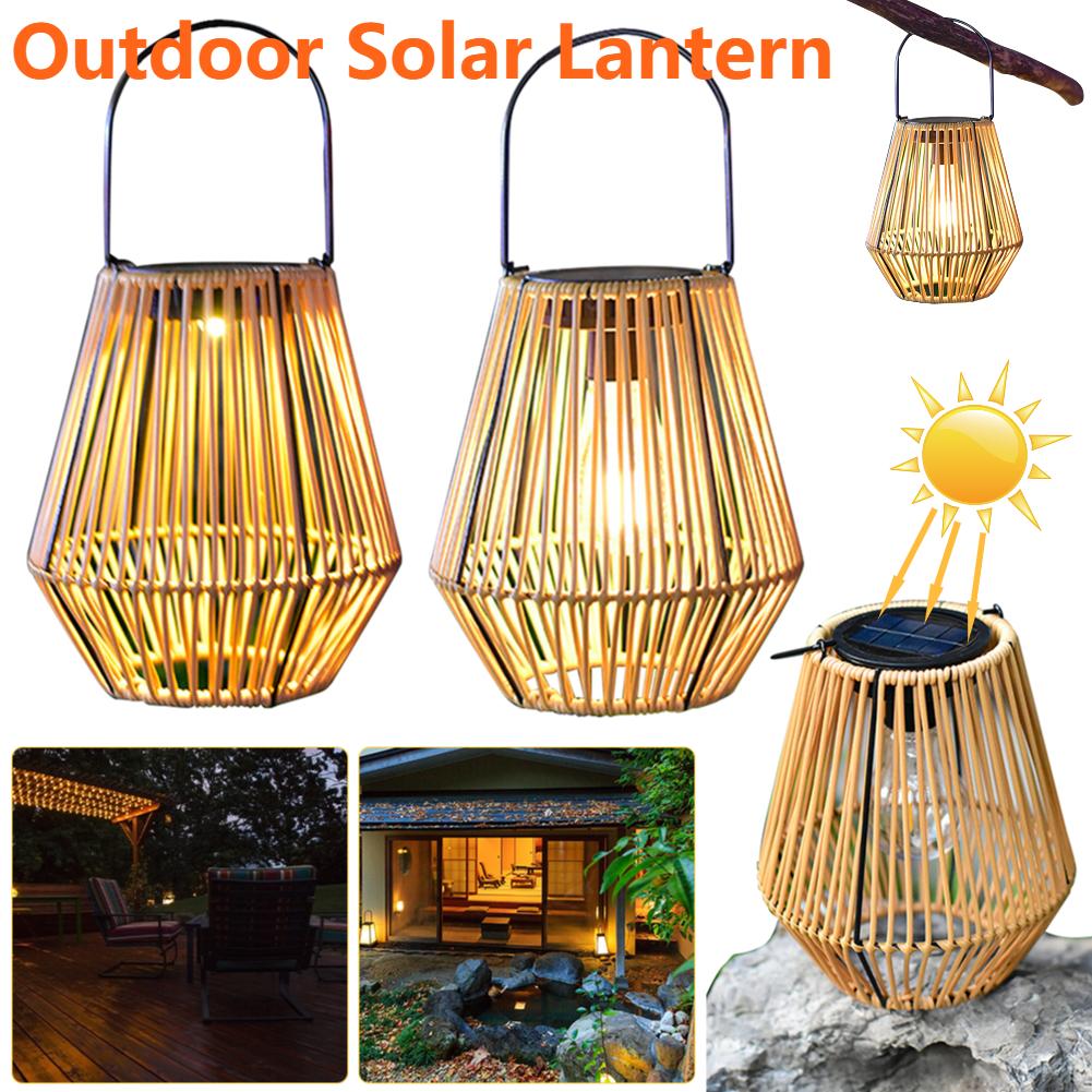 Retro Rattan Solar Lantern Waterproof Hanging Bamboo Chandelier Lamp Hand Woven Decorative Lights for Garden Patio Courtyard