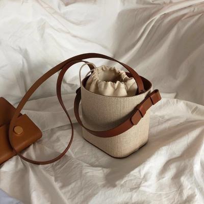 Spring/summer Canvas Leather Bucket Bag Color Contrast Small Bag Single Shoulder Crossbody Bag for Women