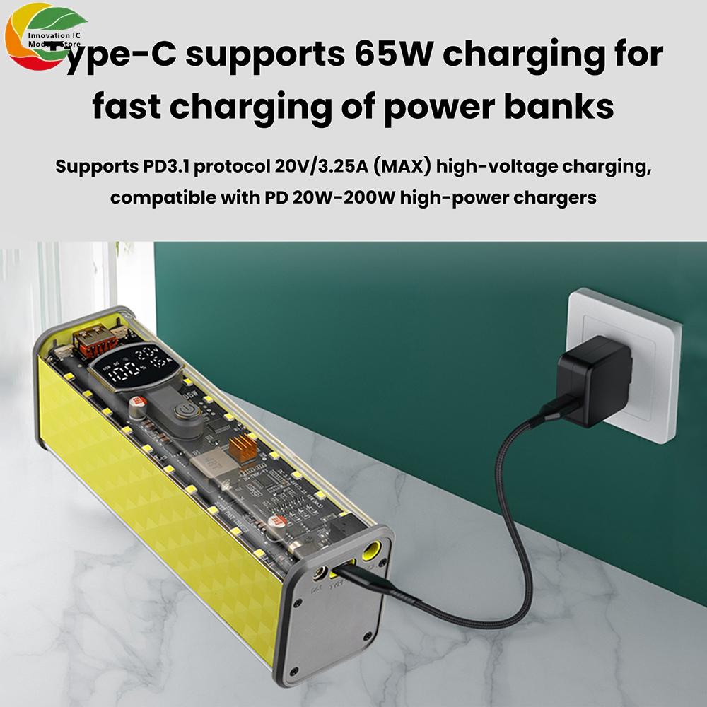 PD 65W Super Fast Charging Transparent Power Bank Case Solder-Free 8-Cell 18650 Battery Box DC Voltage Adjustable