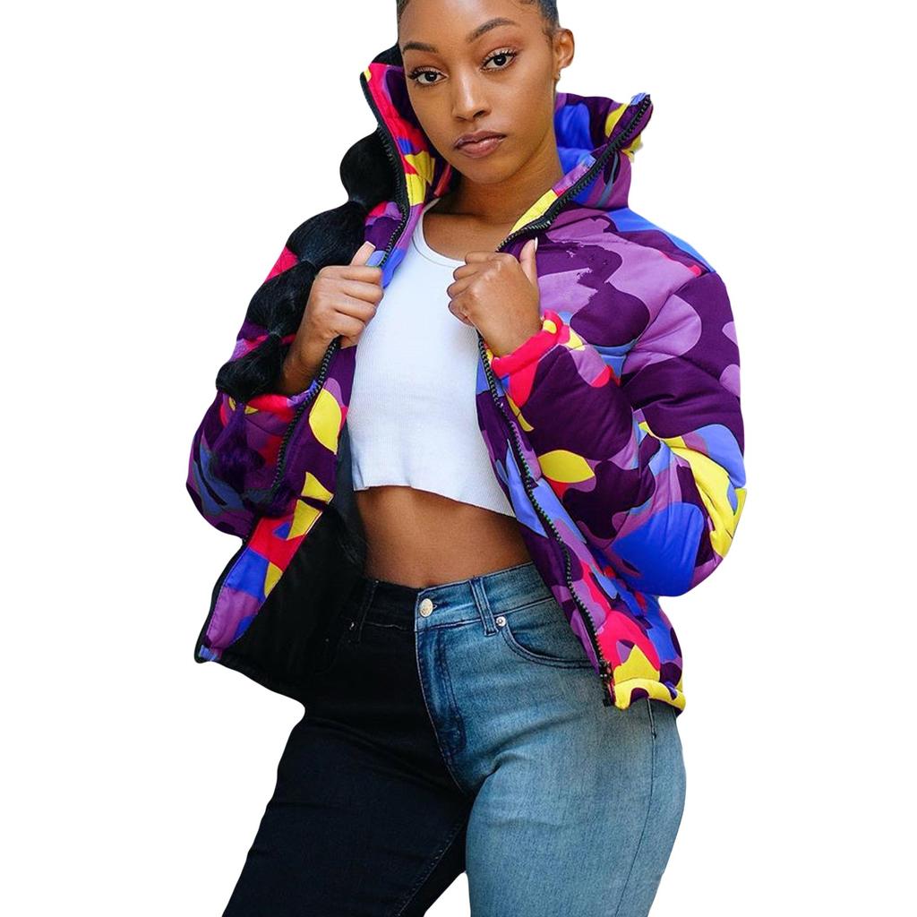 Unisex Long Sleeve Glossy Camouflage Bread Down Jacket Zipper Pockets Coat