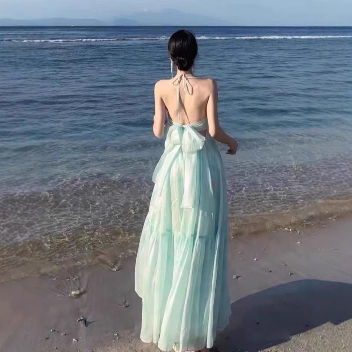 

New summer holiday style suspender skirt backless beach skirt women s summer seaside photo dress super fairy S зелёный