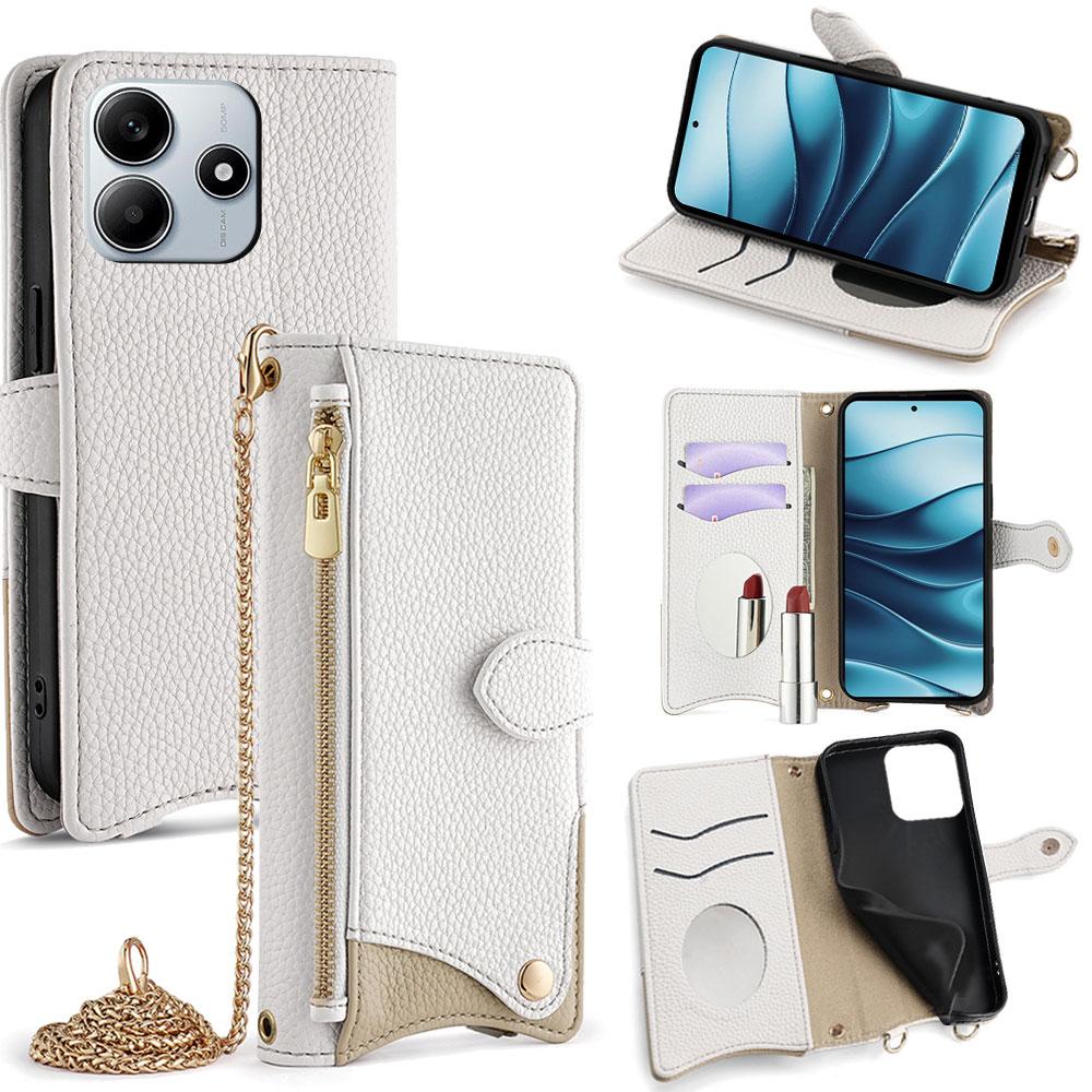 

For Xiaomi Redmi Note 14 5G Leather Case Wallet Stand Cover Irregular Tail Style with Chain Strap White
