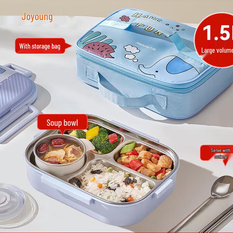 Joyoung 316L Stainless Steel 4-Compartment Lunch Box with Bag  & Cutlery