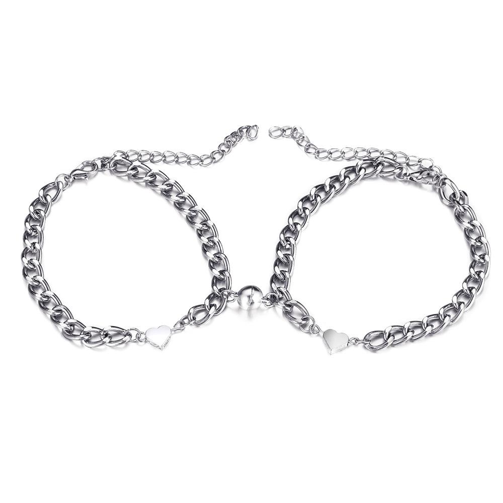 2PCS Simple Fashion Stainless Steel Bracelet Set for Couple Unisex Women Men Lover Heart Silver Color Chain Bracelets Jewelry