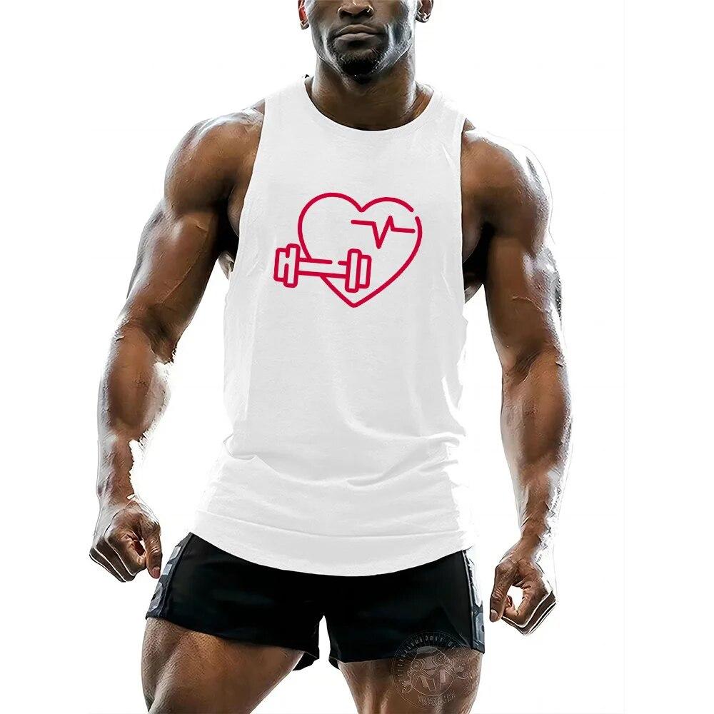 Summer Sports Gym Men's Vest Summer Men's O Collar Comfortable Breathable Sport Sleeveless Vest Barbell Print Quick Drying